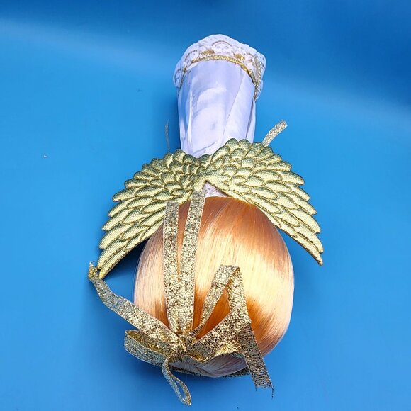 1960s Angel Tree Topper Sockinette Big Eyes Sunflower Bouquet Gold Wings Halo - Picture 9 of 12